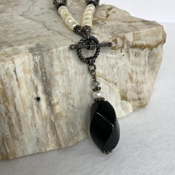 Pearl 18" Sterling Silver Front Rope Toggle Necklace Black Nephrite Jade Pendant - Picture 4 of 16